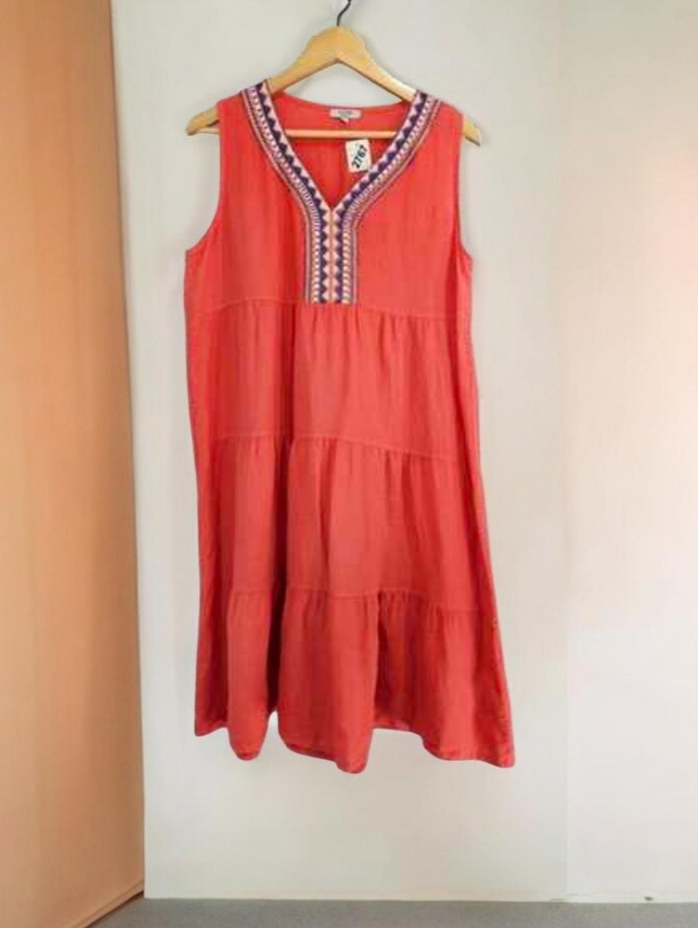 Rosemarine 100% Linen Orange Embroidered Midi Dress